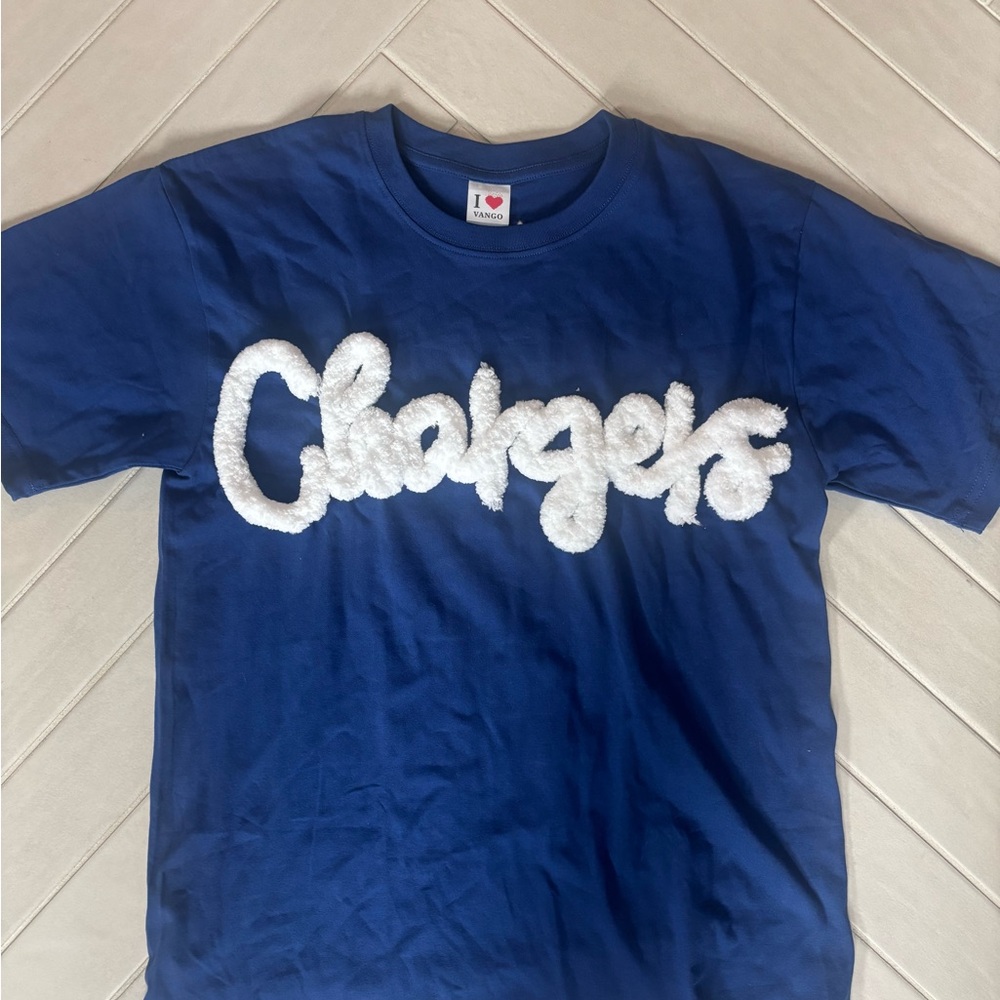 Love Brand Royal Blue women's Tee with White Fuzzy Text - Chargers